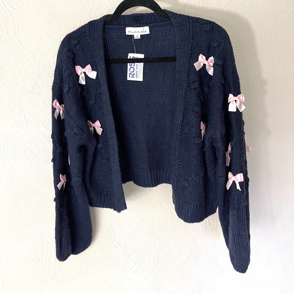 Threaded Leaf Women's Navy Cardigan with Pink Bows